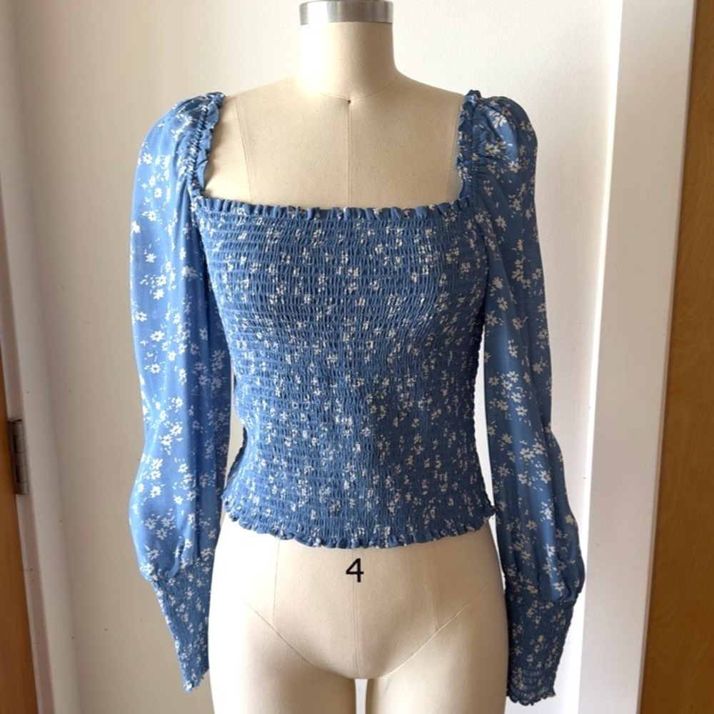 Reformation Pinto Top-Lassen Blue Floral-Smocked Georgette Long Sleeve Blouse-M